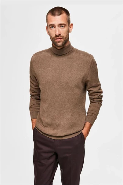 Selected Pima casual sweater heren middenbruin